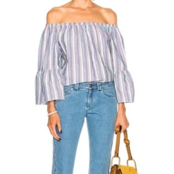See by Chloe Off the Shoulder Multi Striped Seersucker Top Blouse size 38 M - Picture 2 of 16